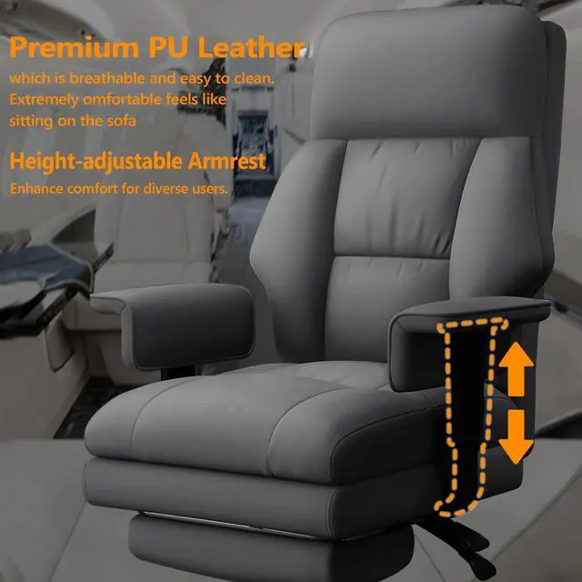 Alt view image 3 of 7 - Office Chair with Leg Rest, Leather High Back Executive Office Chair with Wheels, Ergonomic Desk Chairs with Lumbar Support for Home Office