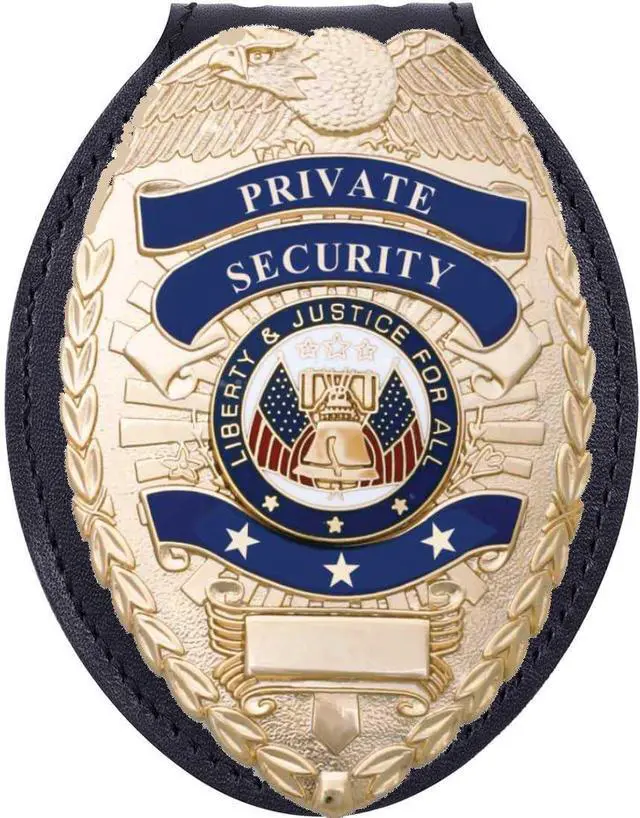 Main image of s Private Security Universal Oval Costume Badge + Holder: Standard Leather Shield Case with, Hook Fastener, 2-5/8" x 3-5 (Oval Badge, Brass Badge - Leather Holder)