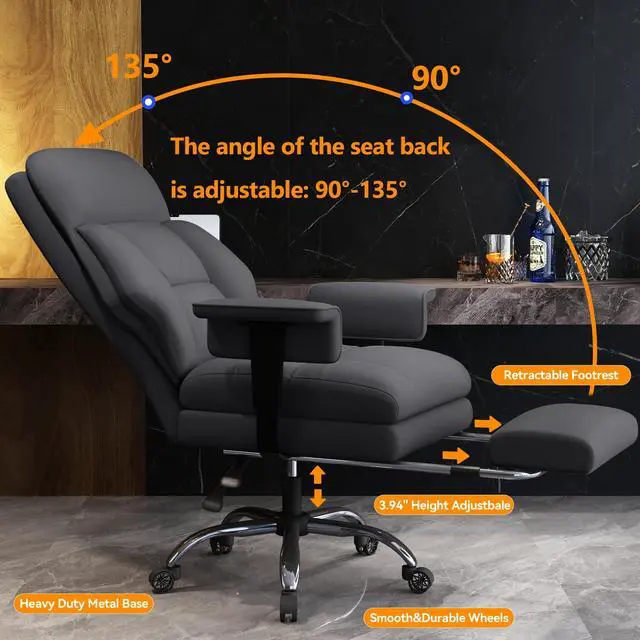 Alt view image 6 of 7 - Office Chair with Leg Rest, Leather High Back Executive Office Chair with Wheels, Ergonomic Desk Chairs with Lumbar Support for Home Office