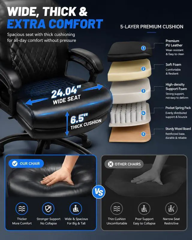 Alt view image 4 of 7 - Big and Tall Office Chair for Heavy People Executive Office Chair 360 Swivel Computer Desk Chair with Heavy Duty Casters Large Size Home Office Chairs