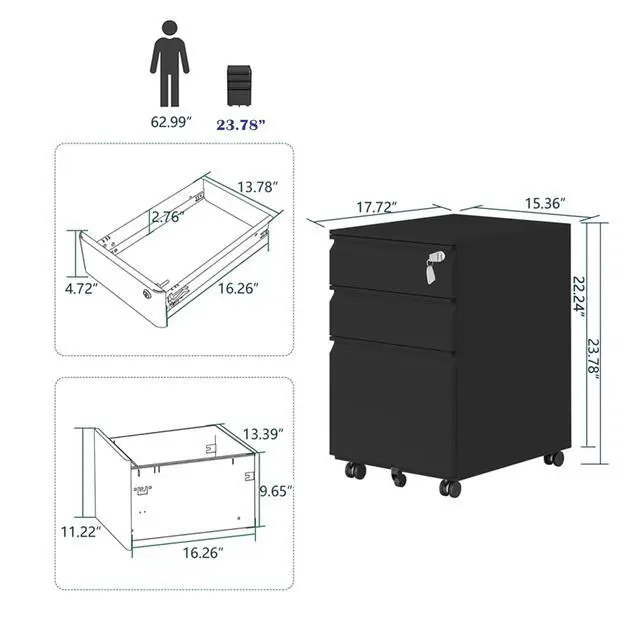 Alt view image 3 of 7 - 3-Drawer Mobile File Cabinets Rolling Vertical Metal Filing Cabinet for Legal & Letter File Anti-tilt Design with Lock Under Desk Office Drawers Fully Assembled (Grey)