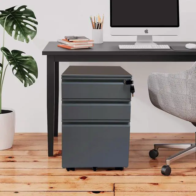 Alt view image 2 of 7 - 3-Drawer Mobile File Cabinets Rolling Vertical Metal Filing Cabinet for Legal & Letter File Anti-tilt Design with Lock Under Desk Office Drawers Fully Assembled (Grey)