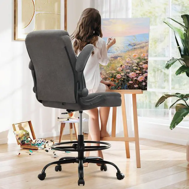 Alt view image 2 of 7 - Drafting Chair Tall Office Chair for Standing Desk, Ergonomic Tall Desk Chair with Adjustable Foot Ring, Flip-Up Armrests, Lumbar Support, Swivel Rolling Task Chair for Home Office