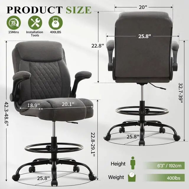 Alt view image 3 of 7 - Drafting Chair Tall Office Chair for Standing Desk, Ergonomic Tall Desk Chair with Adjustable Foot Ring, Flip-Up Armrests, Lumbar Support, Swivel Rolling Task Chair for Home Office