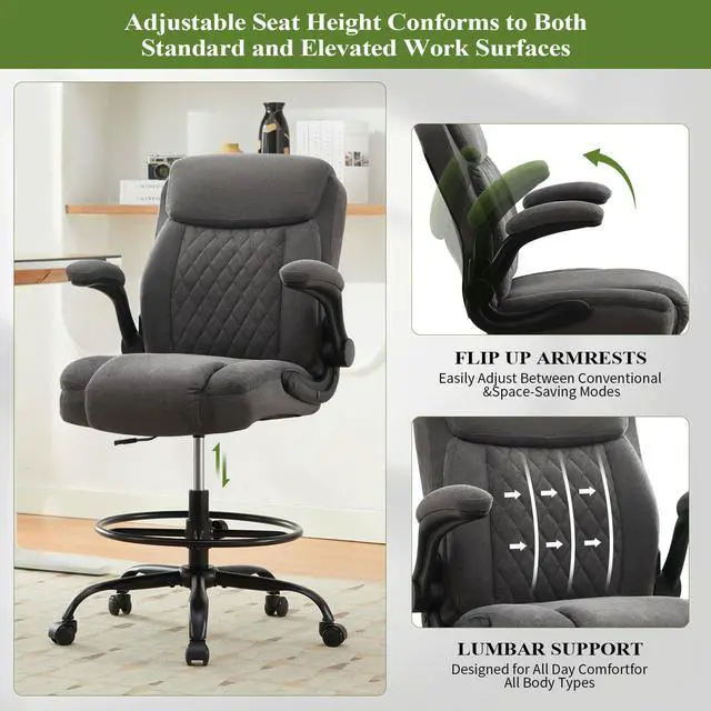 Alt view image 4 of 7 - Drafting Chair Tall Office Chair for Standing Desk, Ergonomic Tall Desk Chair with Adjustable Foot Ring, Flip-Up Armrests, Lumbar Support, Swivel Rolling Task Chair for Home Office