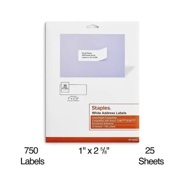 Alt view image 3 of 5 - Address Labels, 1" x 25/8", White, Laser/Inkjet Compatible, EasyPeel, Permanent Adhesive, 30 Labels/Sheet, 2,250/Carton