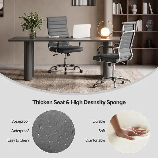 Alt view image 4 of 7 - Ergonomic Office Desk Chair, Modern PU Leather Conference Room Chairs Ribbed, High Back Executive Swivel Rolling Chair for Home, Office