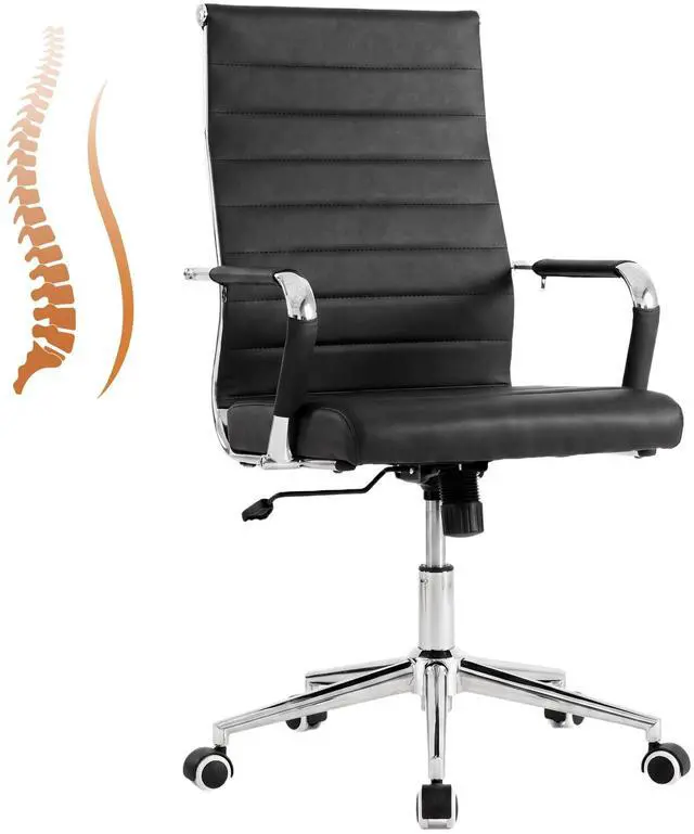 Main image of Black Conference Room Chairs, Modern Ergonomic PU Leather Office Desk Chair Ribbed for Office, High Back Executive Swivel Rolling Task Chair for Home