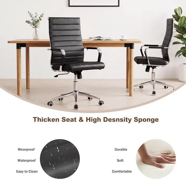 Alt view image 4 of 7 - Black Conference Room Chairs, Modern Ergonomic PU Leather Office Desk Chair Ribbed for Office, High Back Executive Swivel Rolling Task Chair for Home