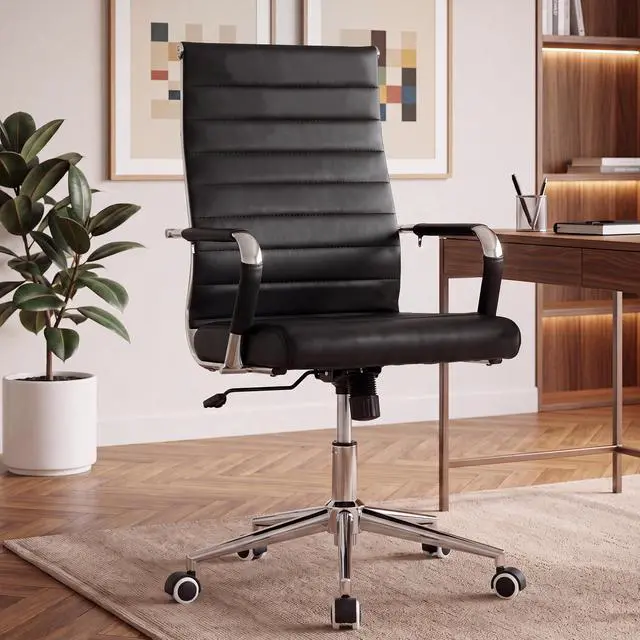 Alt view image 5 of 7 - Black Conference Room Chairs, Modern Ergonomic PU Leather Office Desk Chair Ribbed for Office, High Back Executive Swivel Rolling Task Chair for Home