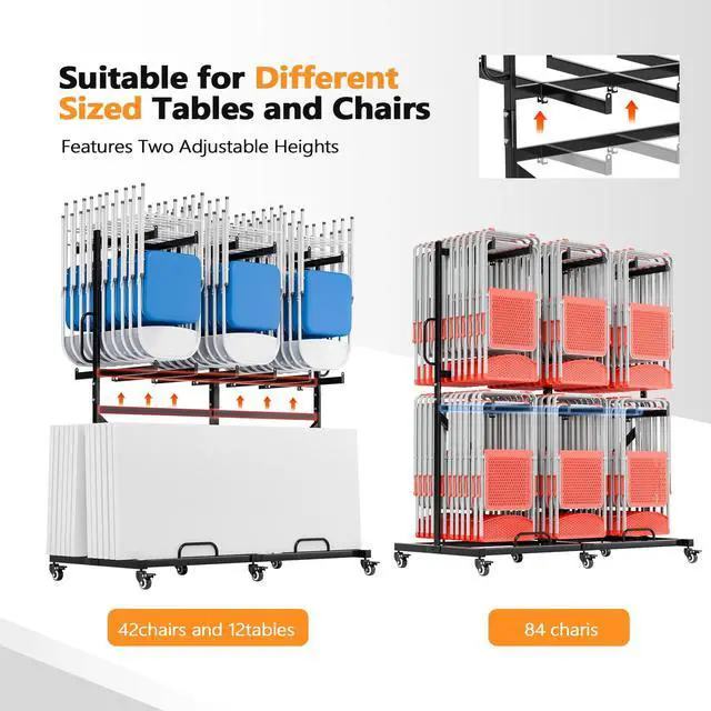 Alt view image 5 of 7 - Double-Tier Chair Rack, Holds 84 Chairs or 12 Tables, 1000 lb | Heavy-Duty Steel Construction, Space-Saving Storage Solution, Ideal for Events, Churches, and Banquets
