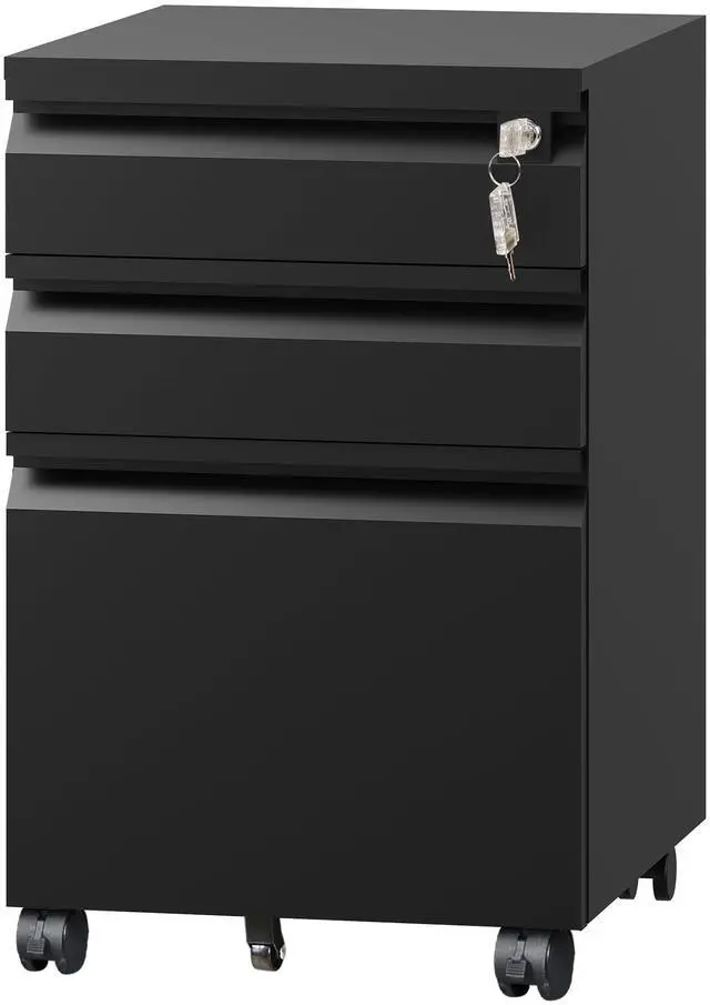 Main image of 3 Drawer Mobile File Cabinet with Lock, Required Assembly | Under Desk Metal Filing Cabinet for Home Office, Fits Legal/Letter/A4 Size, Black