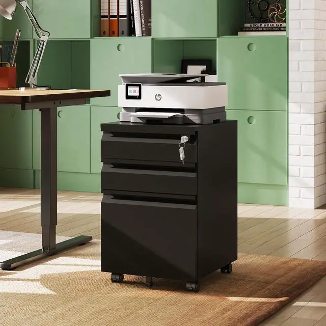 Alt view image 2 of 6 - 3 Drawer Mobile File Cabinet with Lock, Required Assembly | Under Desk Metal Filing Cabinet for Home Office, Fits Legal/Letter/A4 Size, Black