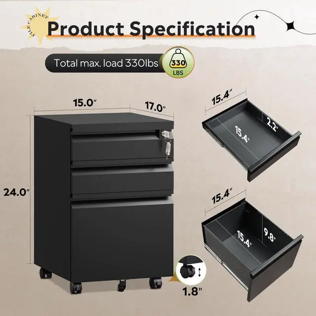 Alt view image 3 of 6 - 3 Drawer Mobile File Cabinet with Lock, Required Assembly | Under Desk Metal Filing Cabinet for Home Office, Fits Legal/Letter/A4 Size, Black