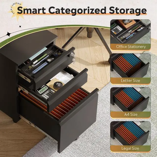 Alt view image 4 of 6 - 3 Drawer Mobile File Cabinet with Lock, Required Assembly | Under Desk Metal Filing Cabinet for Home Office, Fits Legal/Letter/A4 Size, Black