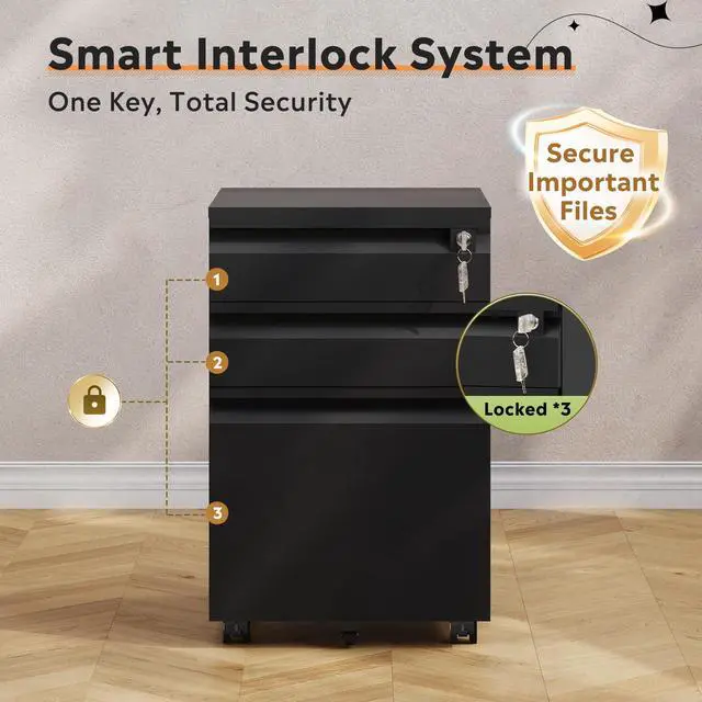 Alt view image 5 of 6 - 3 Drawer Mobile File Cabinet with Lock, Required Assembly | Under Desk Metal Filing Cabinet for Home Office, Fits Legal/Letter/A4 Size, Black