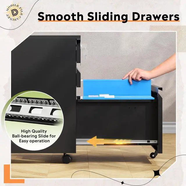 Alt view image 6 of 6 - 3 Drawer Mobile File Cabinet with Lock, Required Assembly | Under Desk Metal Filing Cabinet for Home Office, Fits Legal/Letter/A4 Size, Black