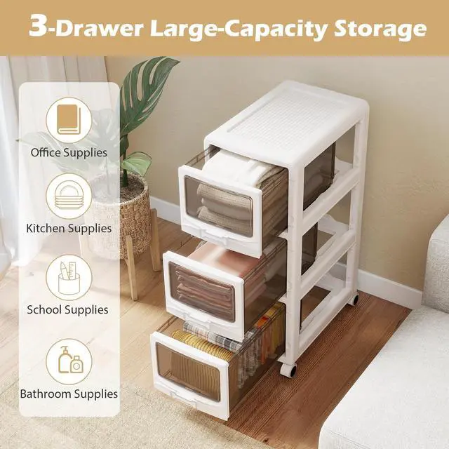 Alt view image 5 of 7 - 3-Tier Rolling Storage Cart, Utility Cart with 3 Drawers & Lockable Wheels for School Art Craft Supplies, Plastic Organizer and Storage for Kitchen and Home Office