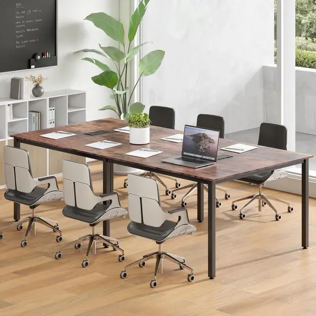 Alt view image 2 of 7 - 8 FT Conference Table, 95" x 48" Rectangle Office Computer Desk with Heavy-Duty Metal Frame, 2 Cable Grommets, Modern Seminar Table for Meeting Room, Boardroom (Rustic Brown,1)