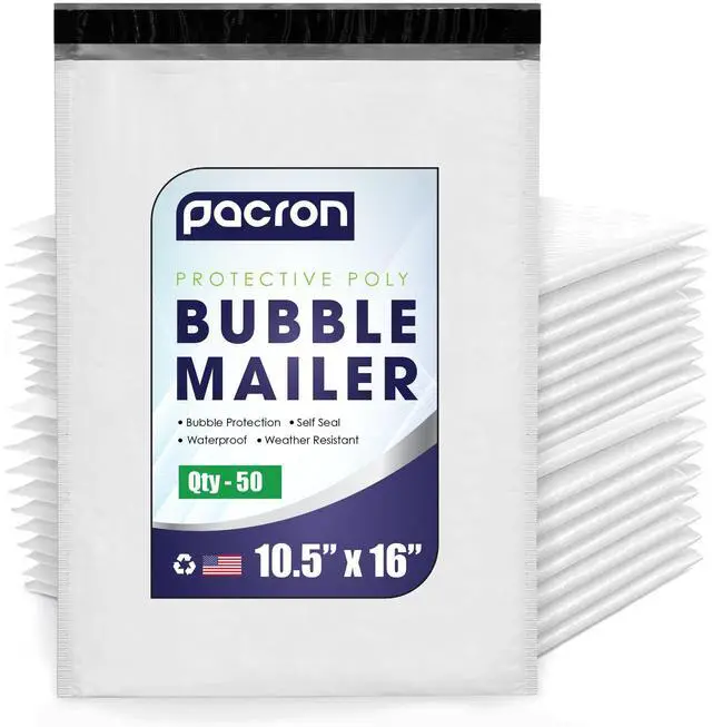 Main image of Waterproof Self-Seal Padded Poly Bubble Mailers 10.5x16, 50-Pack | Ideal for clothing, bulky goods & multiple items. Lightweight, tear-resistant, cushioned interior protects contents