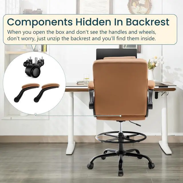 Alt view image 5 of 7 - Drafting Chair 500Lbs, Tall Office Chair for Standing Desk, High PU Leather Executive Office Chair with Flip-up Armrests, Ergonomic High Chair with Adjustable Foot Ring, Comfy Stool Chairs, Brown