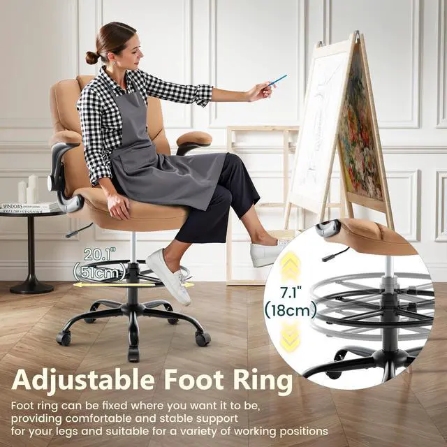 Alt view image 4 of 7 - Drafting Chair 500Lbs, Tall Office Chair for Standing Desk, High PU Leather Executive Office Chair with Flip-up Armrests, Ergonomic High Chair with Adjustable Foot Ring, Comfy Stool Chairs, Brown