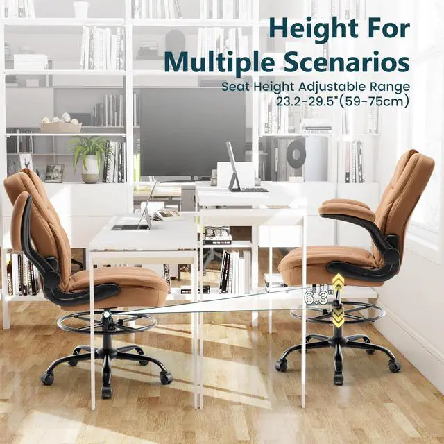 Alt view image 7 of 7 - Drafting Chair 500Lbs, Tall Office Chair for Standing Desk, High PU Leather Executive Office Chair with Flip-up Armrests, Ergonomic High Chair with Adjustable Foot Ring, Comfy Stool Chairs, Brown