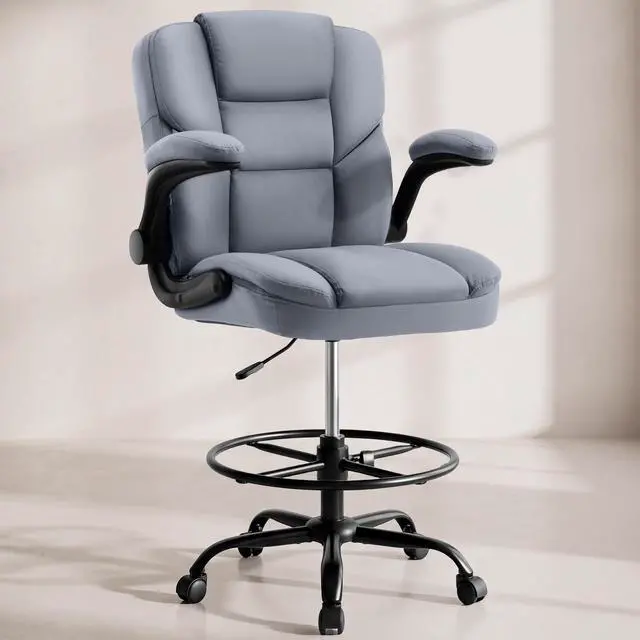 Main image of Drafting Chair 500Lbs, Tall Office Chair for Standing Desk, High PU Leather Executive Office Chair with Flip-up Armrests, Ergonomic High Chair with Adjustable Foot Ring, Comfy Stool Chairs, Grey