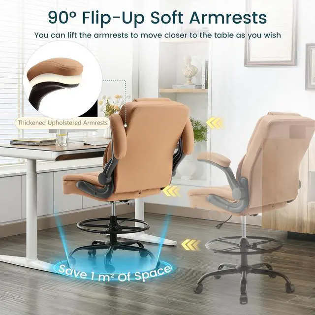 Alt view image 6 of 7 - Drafting Chair 500Lbs, Tall Office Chair for Standing Desk, High PU Leather Executive Office Chair with Flip-up Armrests, Ergonomic High Chair with Adjustable Foot Ring, Comfy Stool Chairs, Brown