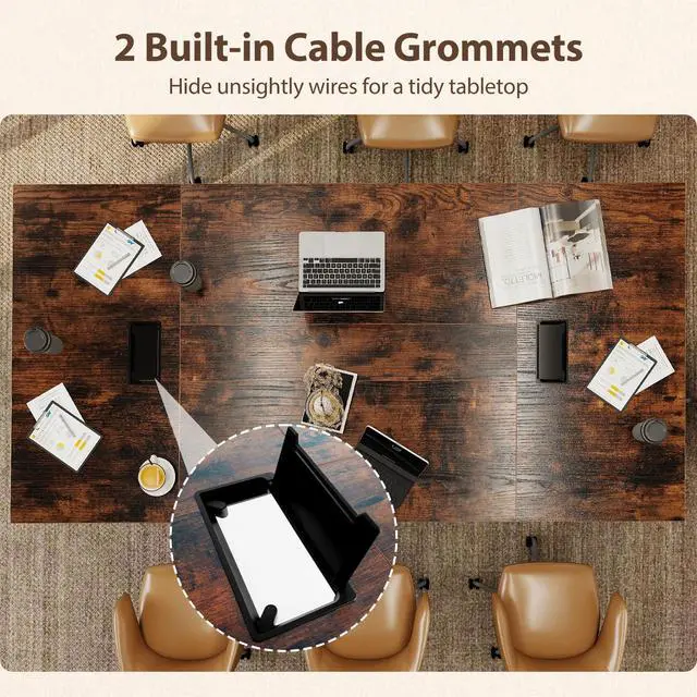 Alt view image 6 of 7 - 8 FT Conference Table, 95" x 48" Rectangle Office Computer Desk with Heavy-Duty Metal Frame, 2 Cable Grommets, Modern Seminar Table for Meeting Room, Boardroom (Rustic Brown,1)