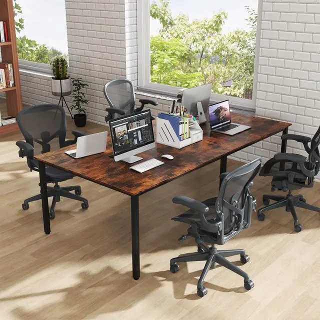 Alt view image 5 of 7 - 8 FT Conference Table, 95" x 48" Rectangle Office Computer Desk with Heavy-Duty Metal Frame, 2 Cable Grommets, Modern Seminar Table for Meeting Room, Boardroom (Rustic Brown,1)