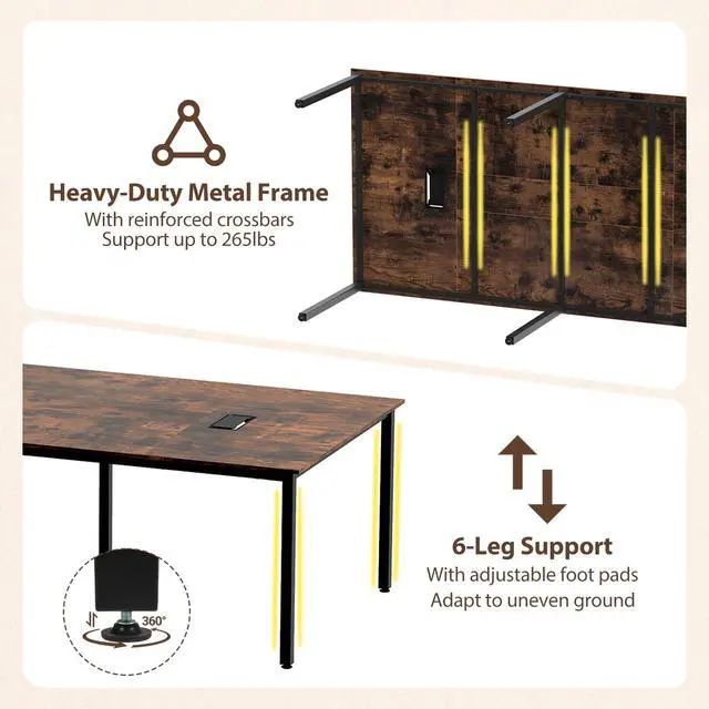 Alt view image 7 of 7 - 8 FT Conference Table, 95" x 48" Rectangle Office Computer Desk with Heavy-Duty Metal Frame, 2 Cable Grommets, Modern Seminar Table for Meeting Room, Boardroom (Rustic Brown,1)