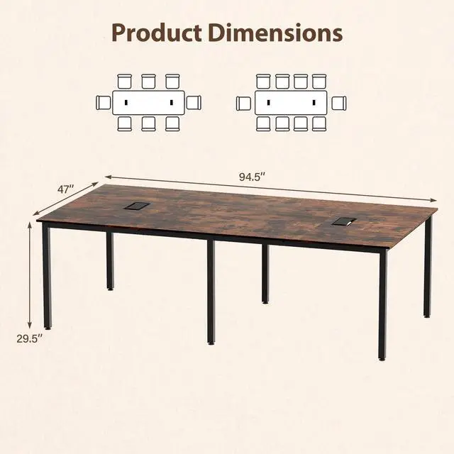 Alt view image 3 of 7 - 8 FT Conference Table, 95" x 48" Rectangle Office Computer Desk with Heavy-Duty Metal Frame, 2 Cable Grommets, Modern Seminar Table for Meeting Room, Boardroom (Rustic Brown,1)