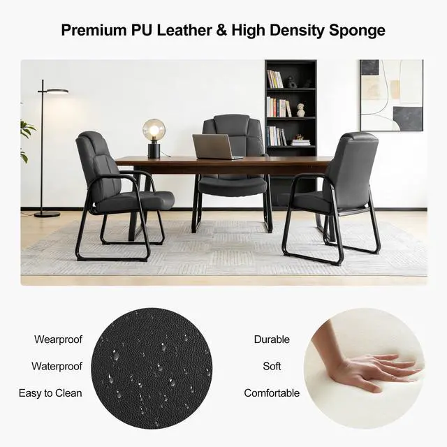Alt view image 4 of 7 - Big & Tall Waiting Room Chairs Set of 2, PU Leather Reception Guest Chair with Padded Arm Rest, Office Desk Chair with Sled Base No Wheels, for Office Meeting, Conference Room, Lobby, 500lb