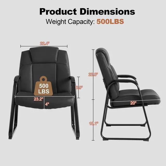 Alt view image 3 of 7 - Big & Tall Waiting Room Chairs Set of 2, PU Leather Reception Guest Chair with Padded Arm Rest, Office Desk Chair with Sled Base No Wheels, for Office Meeting, Conference Room, Lobby, 500lb
