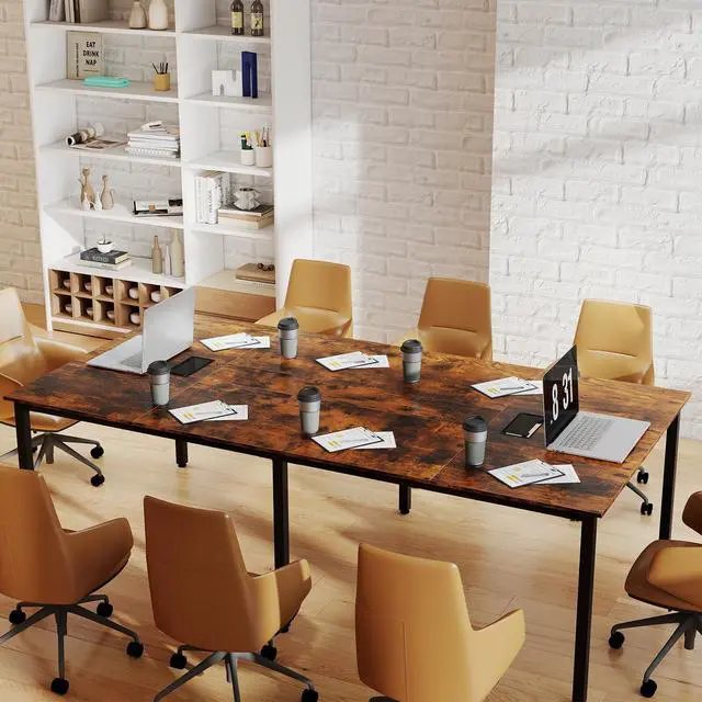 Alt view image 4 of 7 - 8 FT Conference Table, 95" x 48" Rectangle Office Computer Desk with Heavy-Duty Metal Frame, 2 Cable Grommets, Modern Seminar Table for Meeting Room, Boardroom (Rustic Brown,1)