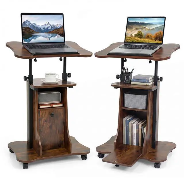 Main image of Mobile Podium Stand, Height Adjustable Laptop Computer Cart w/Tilting Top, Storage Cabinet & Lockable Wheels, Church Classroom Lecture, Sit-to-Stand Desk for Home Office (Rustic Brown,2)
