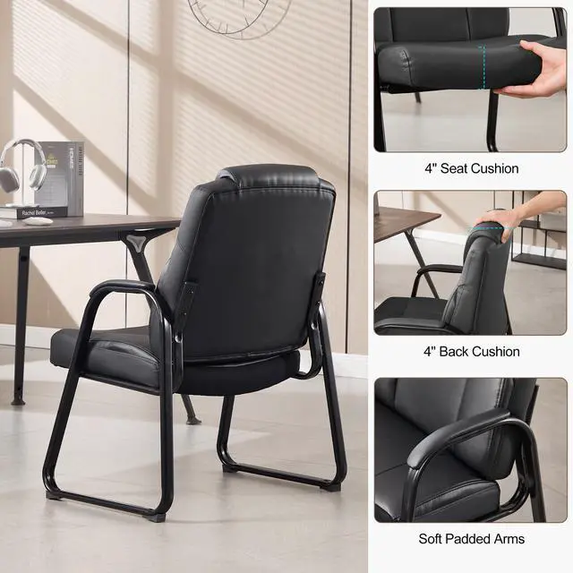 Alt view image 6 of 7 - Big & Tall Waiting Room Chairs Set of 2, PU Leather Reception Guest Chair with Padded Arm Rest, Office Desk Chair with Sled Base No Wheels, for Office Meeting, Conference Room, Lobby, 500lb