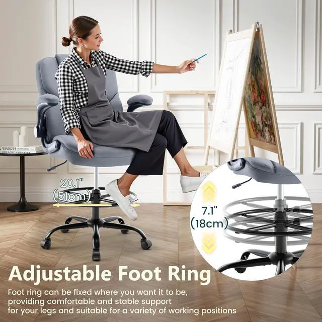 Alt view image 4 of 7 - Drafting Chair 500Lbs, Tall Office Chair for Standing Desk, High PU Leather Executive Office Chair with Flip-up Armrests, Ergonomic High Chair with Adjustable Foot Ring, Comfy Stool Chairs, Grey