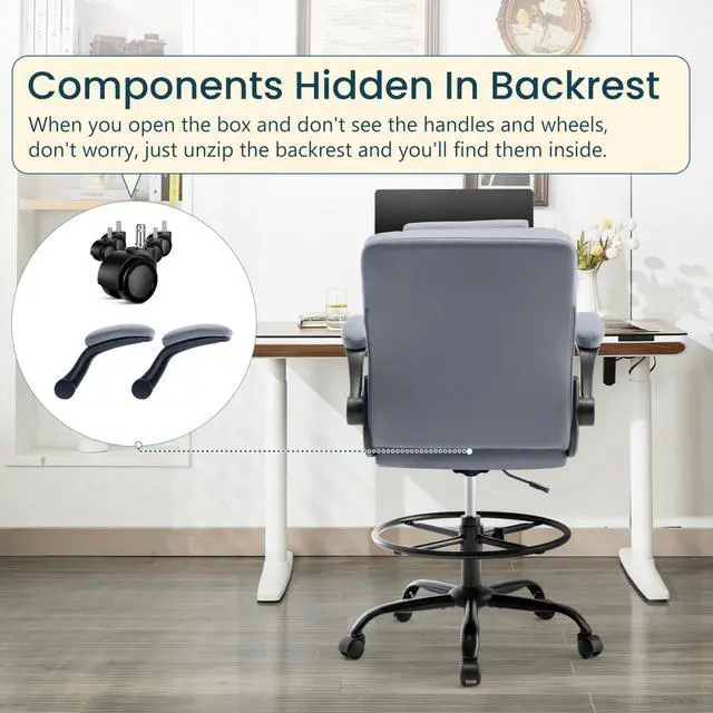 Alt view image 5 of 7 - Drafting Chair 500Lbs, Tall Office Chair for Standing Desk, High PU Leather Executive Office Chair with Flip-up Armrests, Ergonomic High Chair with Adjustable Foot Ring, Comfy Stool Chairs, Grey
