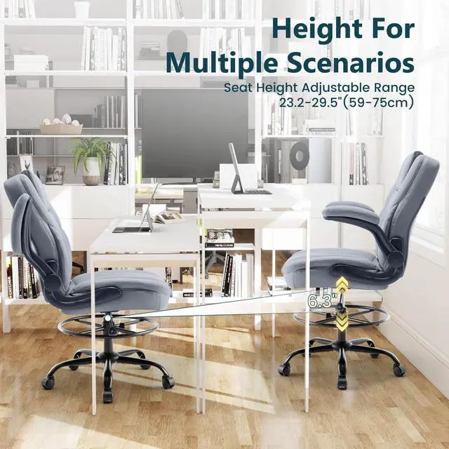 Alt view image 7 of 7 - Drafting Chair 500Lbs, Tall Office Chair for Standing Desk, High PU Leather Executive Office Chair with Flip-up Armrests, Ergonomic High Chair with Adjustable Foot Ring, Comfy Stool Chairs, Grey