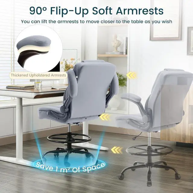 Alt view image 6 of 7 - Drafting Chair 500Lbs, Tall Office Chair for Standing Desk, High PU Leather Executive Office Chair with Flip-up Armrests, Ergonomic High Chair with Adjustable Foot Ring, Comfy Stool Chairs, Grey