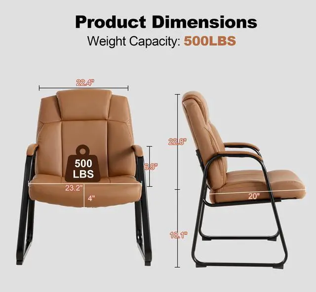 Alt view image 3 of 7 - Big & Tall Waiting Room Chairs Set of 2, PU Leather Reception Guest Chair with Padded Arm Rest, Office Desk Chair with Sled Base No Wheels, for Office Meeting, Conference Room, Lobby, 500lb