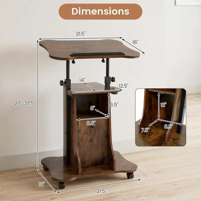 Alt view image 3 of 7 - Mobile Podium Stand, Height Adjustable Laptop Computer Cart w/Tilting Top, Storage Cabinet & Lockable Wheels, Church Classroom Lecture, Sit-to-Stand Desk for Home Office (Rustic Brown,1)