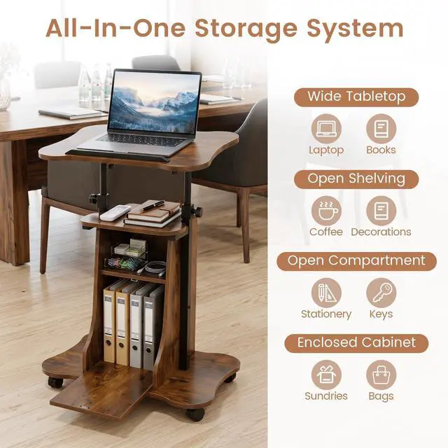 Alt view image 7 of 7 - Mobile Podium Stand, Height Adjustable Laptop Computer Cart w/Tilting Top, Storage Cabinet & Lockable Wheels, Church Classroom Lecture, Sit-to-Stand Desk for Home Office (Rustic Brown,1)
