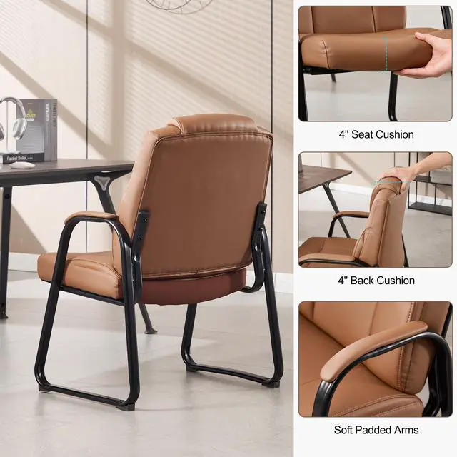 Alt view image 6 of 7 - Big & Tall Waiting Room Chairs Set of 2, PU Leather Reception Guest Chair with Padded Arm Rest, Office Desk Chair with Sled Base No Wheels, for Office Meeting, Conference Room, Lobby, 500lb