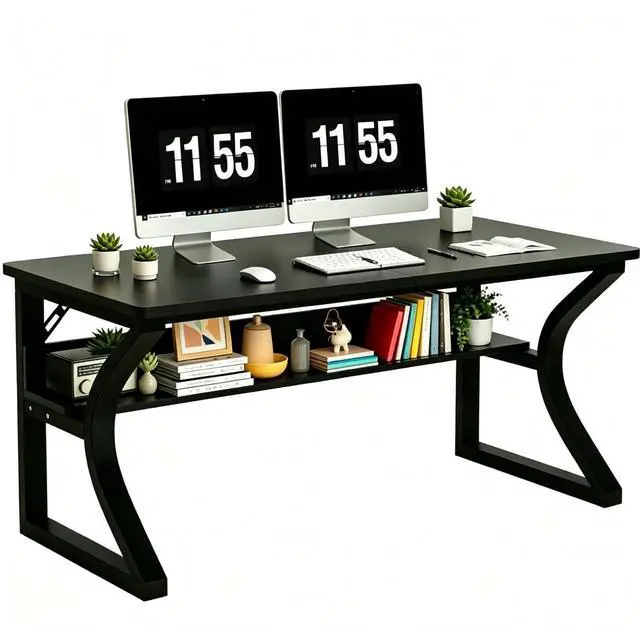Main image of 47'' Computer Desk Home Office Desk, Modern Computer Desk w/U Shaped Metal Frame, Storage Shelves, PC Table Study Writing Desk Workstation for Home Office (47inch/Black)