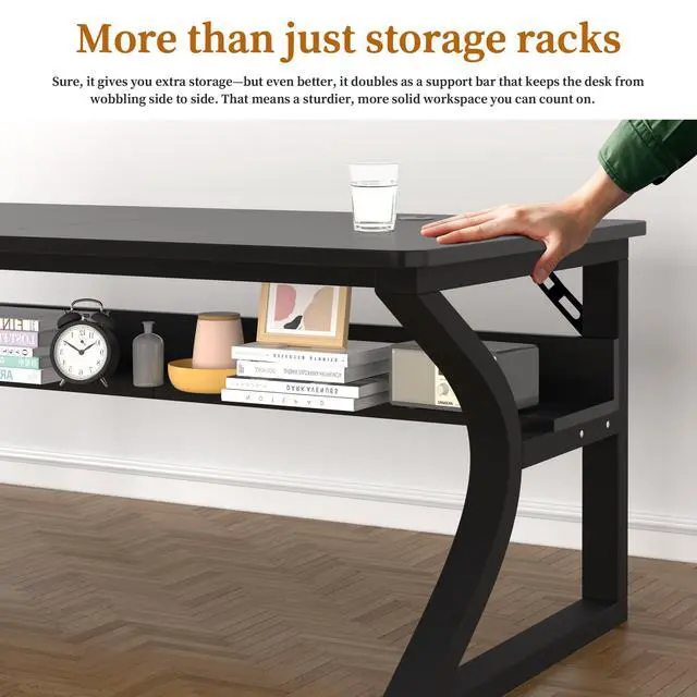 Alt view image 4 of 7 - 47'' Computer Desk Home Office Desk, Modern Computer Desk w/U Shaped Metal Frame, Storage Shelves, PC Table Study Writing Desk Workstation for Home Office (47inch/Black)