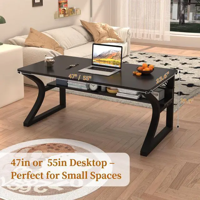 Alt view image 2 of 7 - 47'' Computer Desk Home Office Desk, Modern Computer Desk w/U Shaped Metal Frame, Storage Shelves, PC Table Study Writing Desk Workstation for Home Office (47inch/Black)