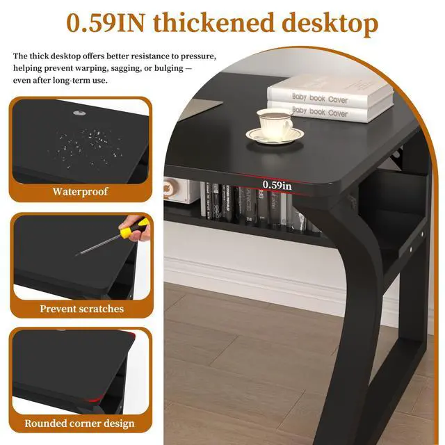 Alt view image 6 of 7 - 47'' Computer Desk Home Office Desk, Modern Computer Desk w/U Shaped Metal Frame, Storage Shelves, PC Table Study Writing Desk Workstation for Home Office (47inch/Black)